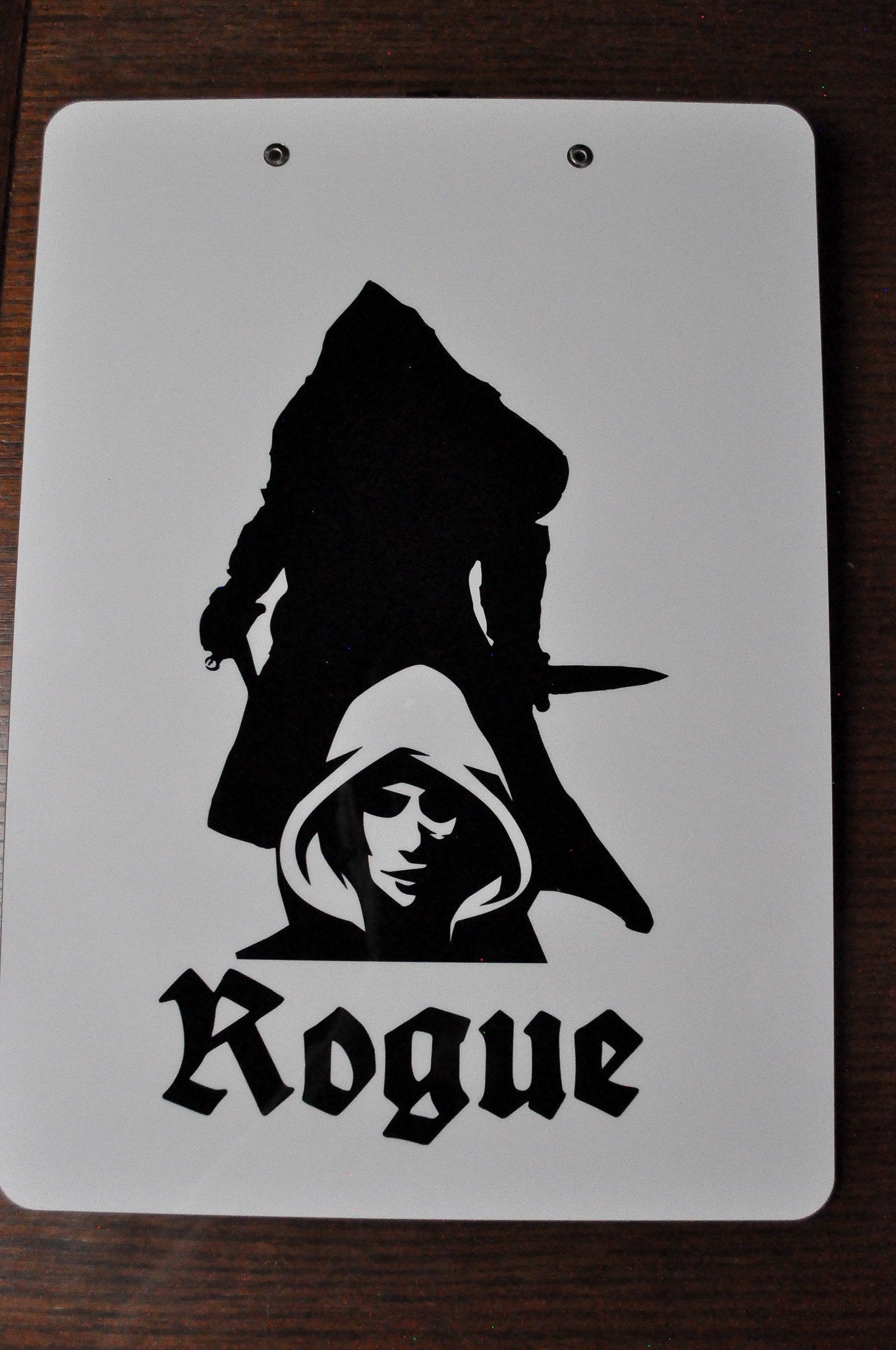 Rogue Character Sheet on a dry erase clipboard - Rowan Gate