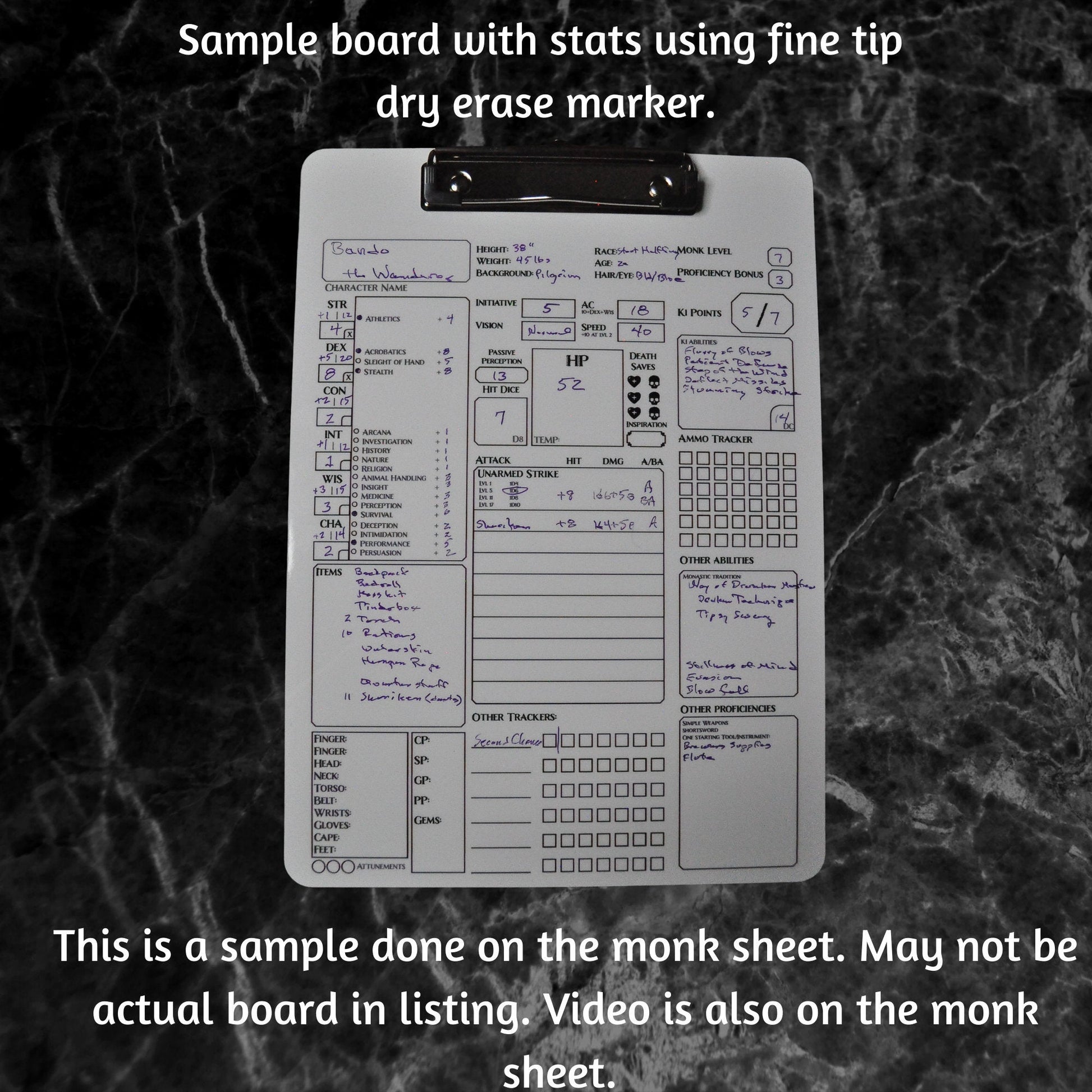 Rogue Character Sheet on a dry erase clipboard - Rowan Gate