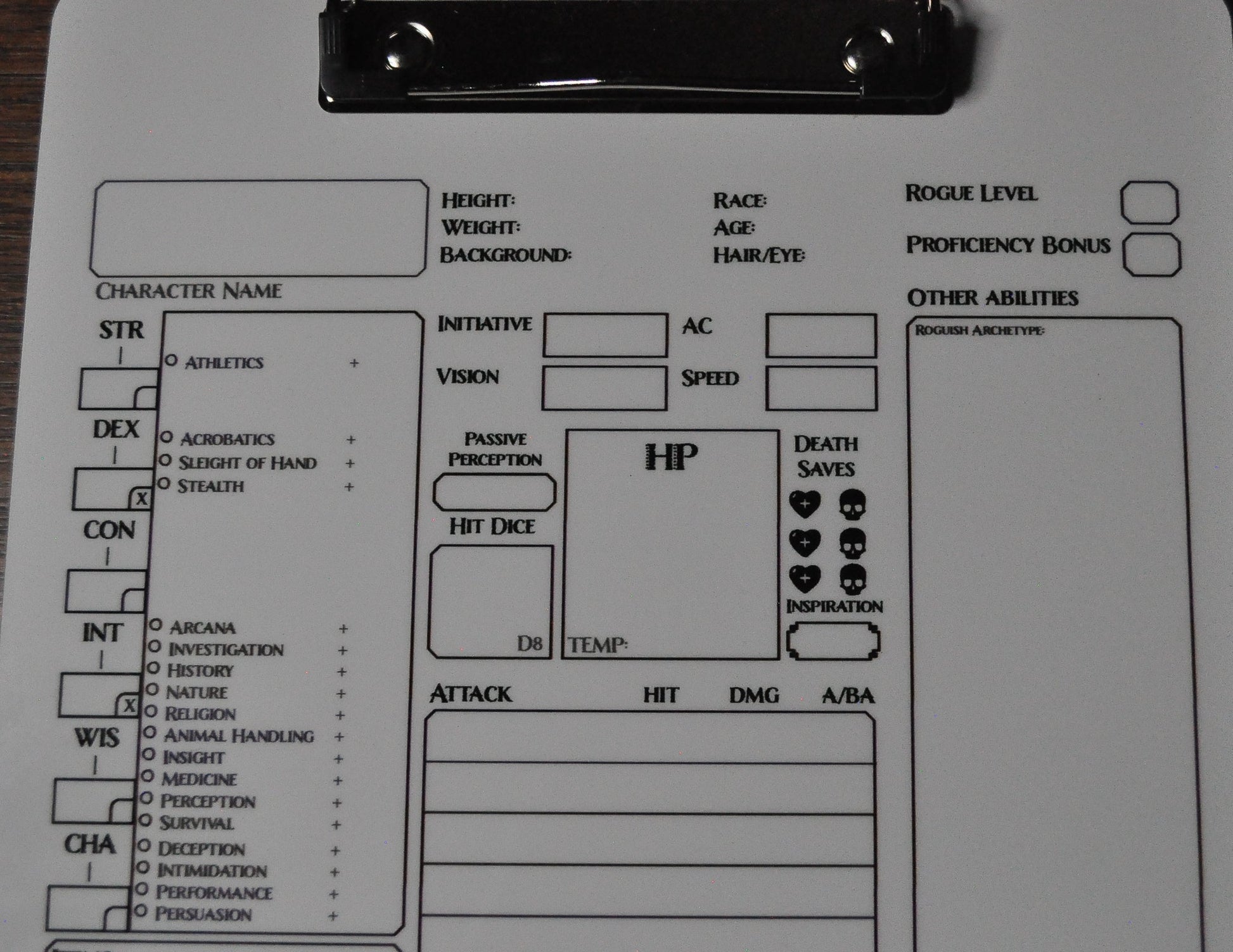 Rogue Character Sheet on a dry erase clipboard - Rowan Gate