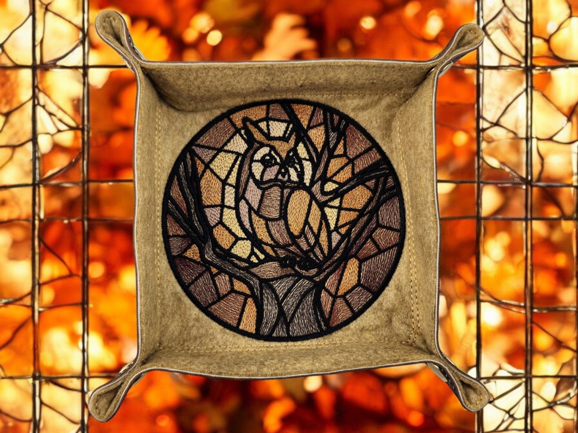 Stained glass style owl dice tray - Rowan Gate