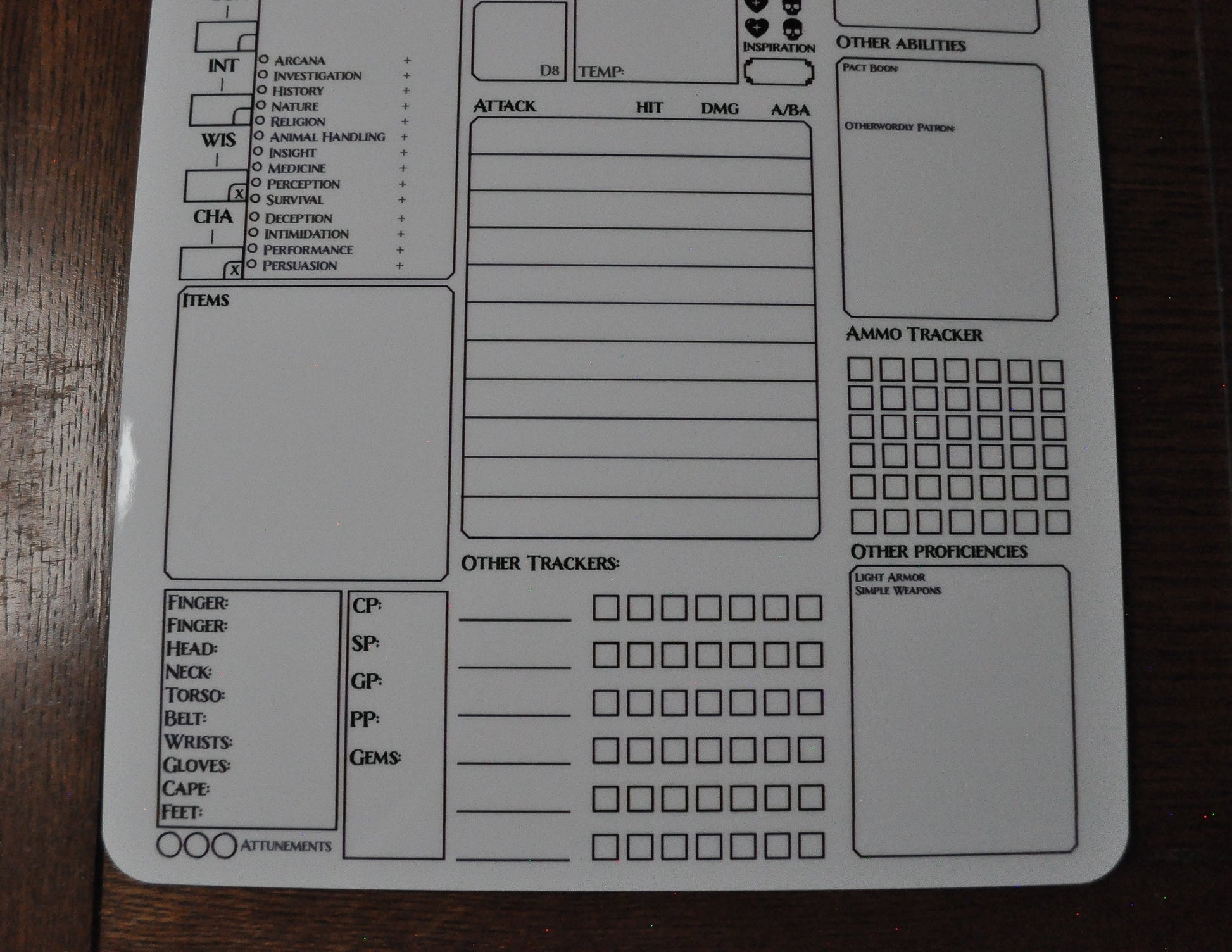 Warlock Character Sheet on a dry erase clipboard - Rowan Gate