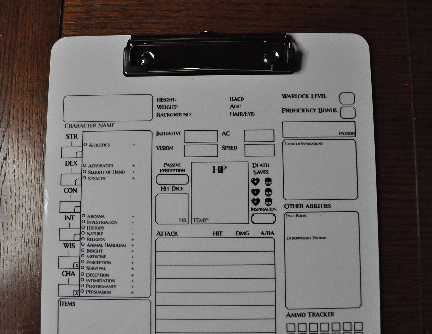 Warlock Character Sheet on a dry erase clipboard - Rowan Gate